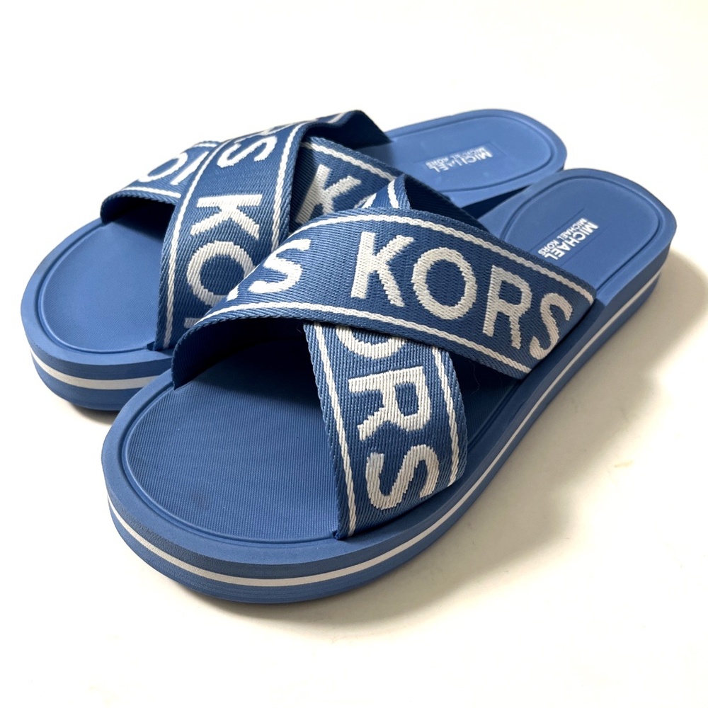 NWOB MICHAEL KORS Crossover Slide Sandal Signature Logo Blue Fabric Canvas